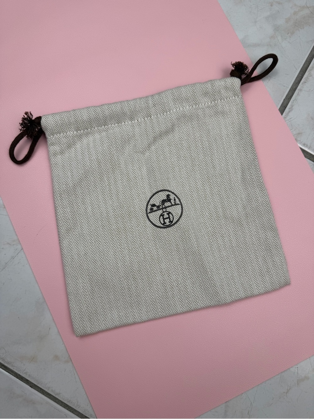 Hermes Cream Herringbone Dust Bag with Black Logo